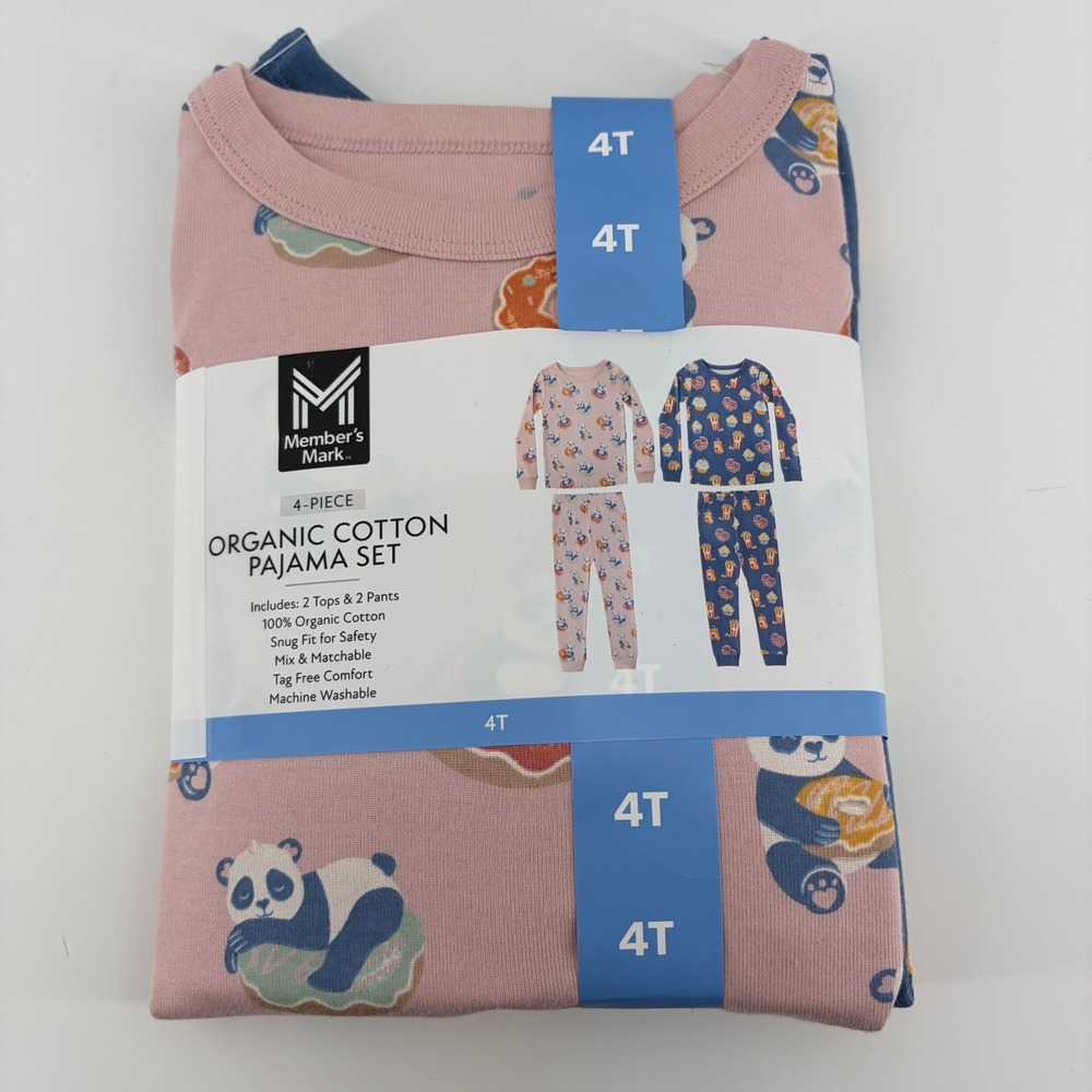 Members Mark 4pc Organic Cotton Pajama Set 4T Panda Donuts Popcorn Pink Navy